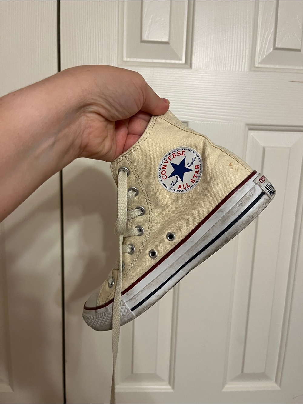 Converse Cream High-Top Sneakers with Red and Navy Trim - Picture 2 of 8